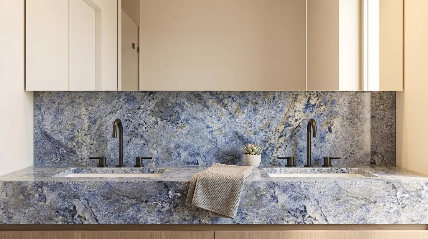 Blue Bahia double vanity countertop and backsplash in a modern bathroom
