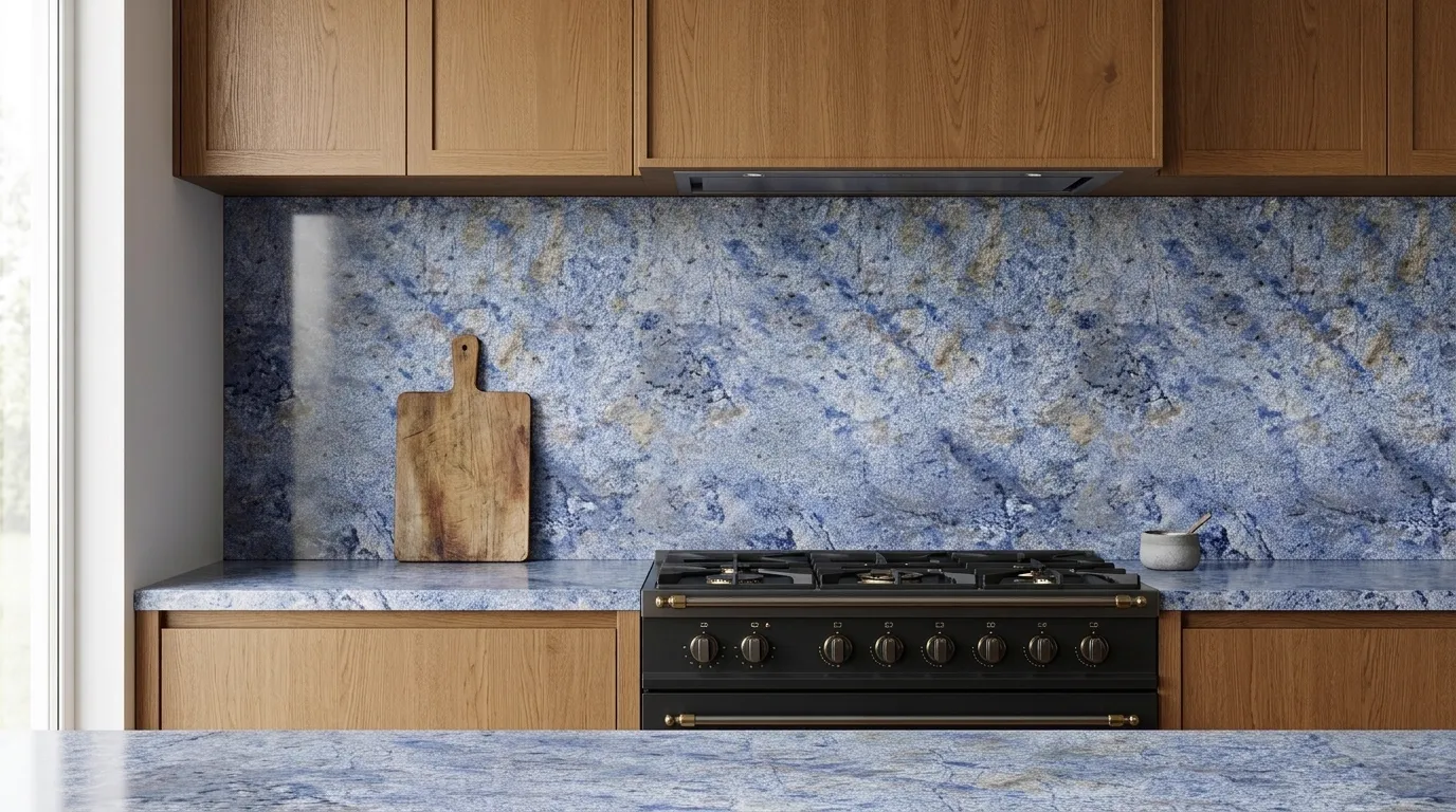 Blue Bahia full-height kitchen backsplash and matching countertop