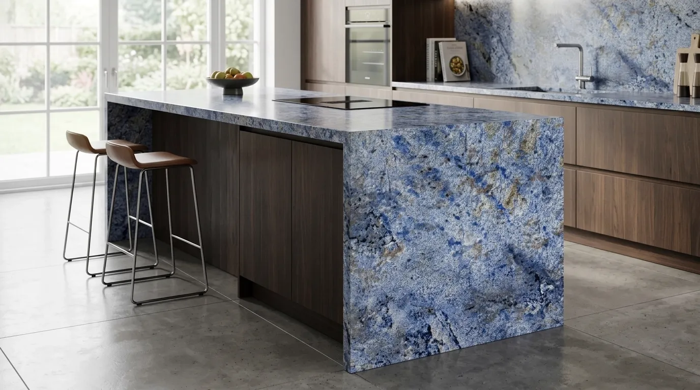 Blue Bahia waterfall-edge kitchen island with continuous veining