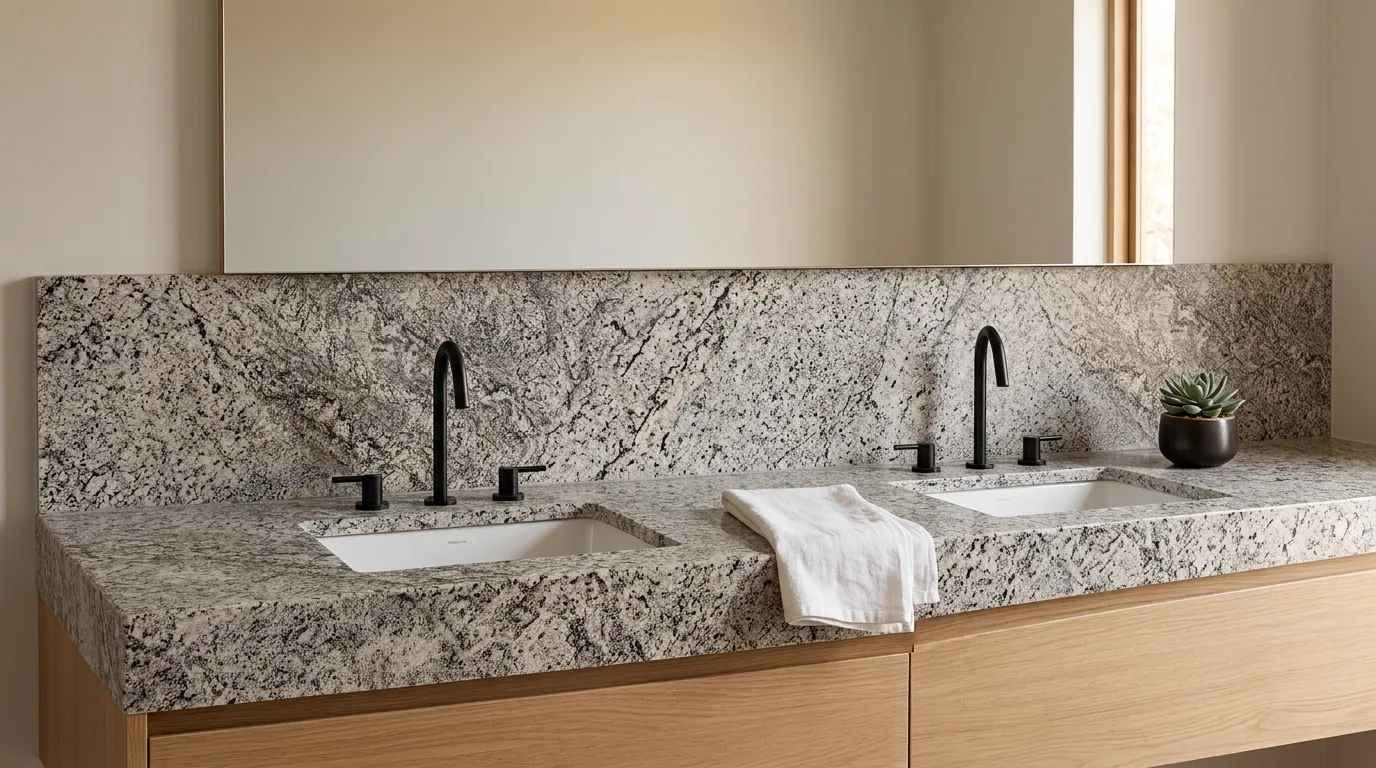 Blue Nile double vanity countertop and backsplash in a modern bathroom
