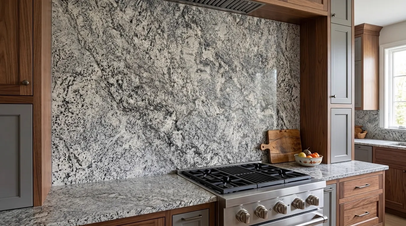 Blue Nile full-height kitchen backsplash and matching countertop