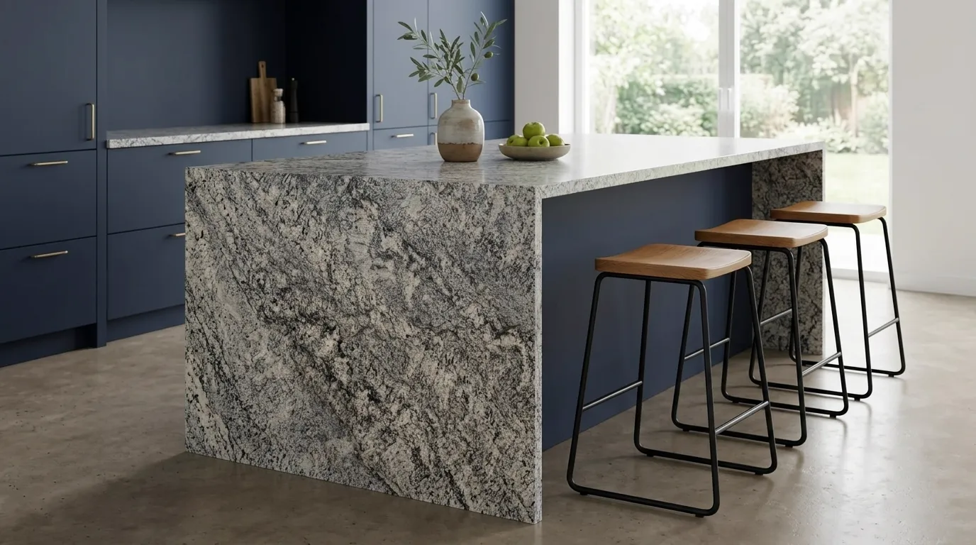 Blue Nile waterfall-edge kitchen island with continuous veining