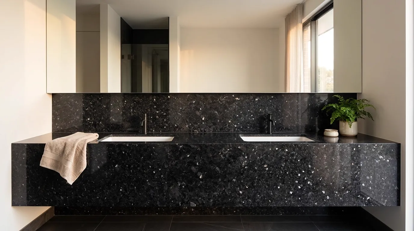 Blue Pearl GT double vanity countertop and backsplash in a modern bathroom