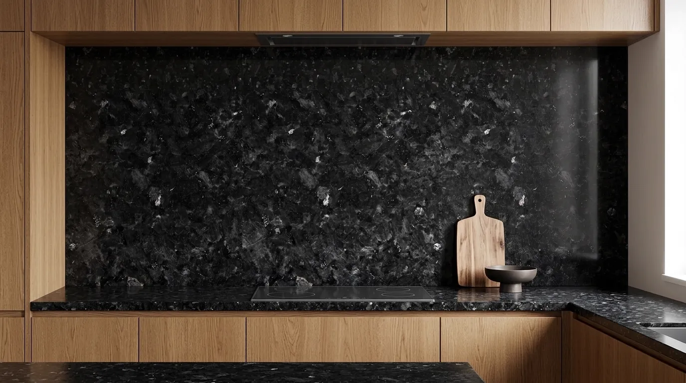 Blue Pearl GT full-height kitchen backsplash and matching countertop