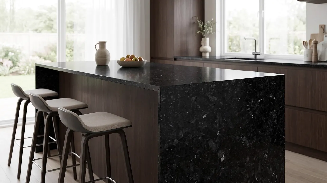 Blue Pearl GT waterfall-edge kitchen island with continuous veining
