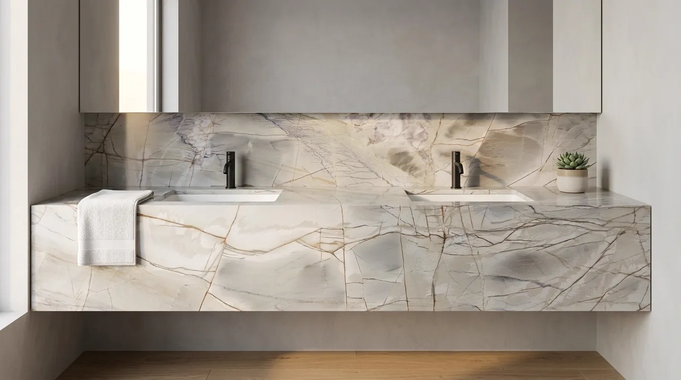 Blue Rise Polished double vanity countertop and backsplash in a modern bathroom