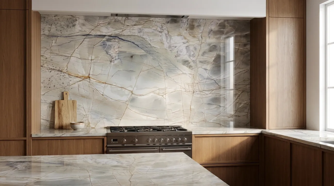 Blue Rise Polished full-height kitchen backsplash and matching countertop