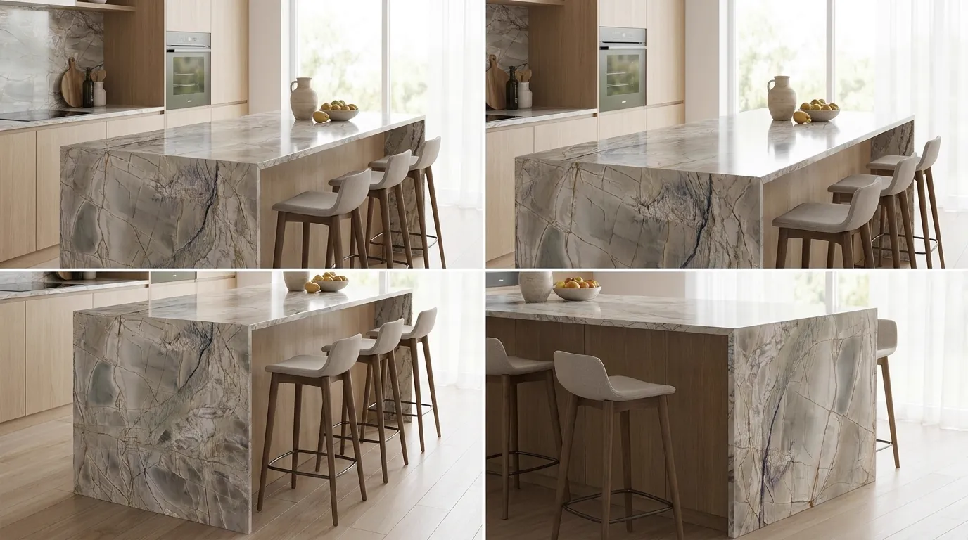 Blue Rise Polished waterfall-edge kitchen island with continuous veining