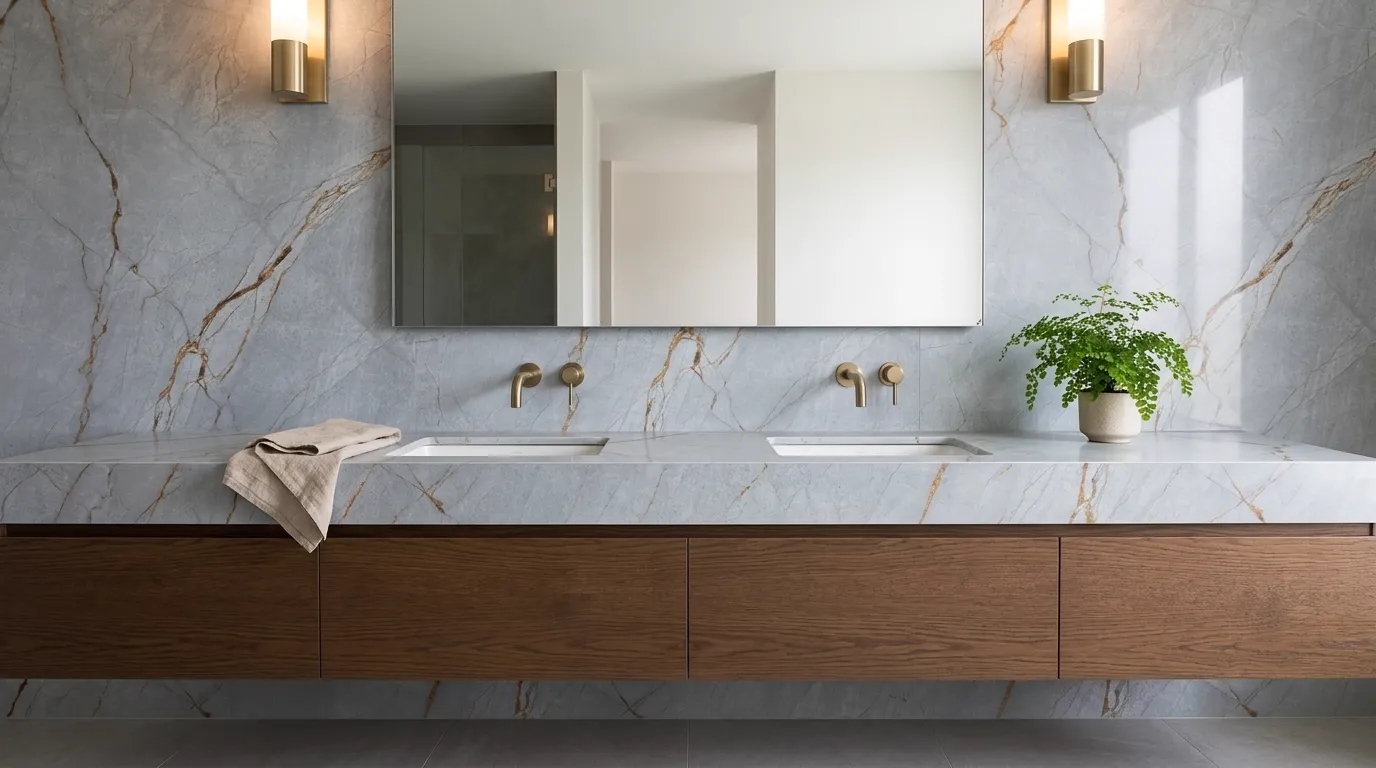Blue Roma Porcelain Stone double vanity countertop and backsplash in a modern bathroom