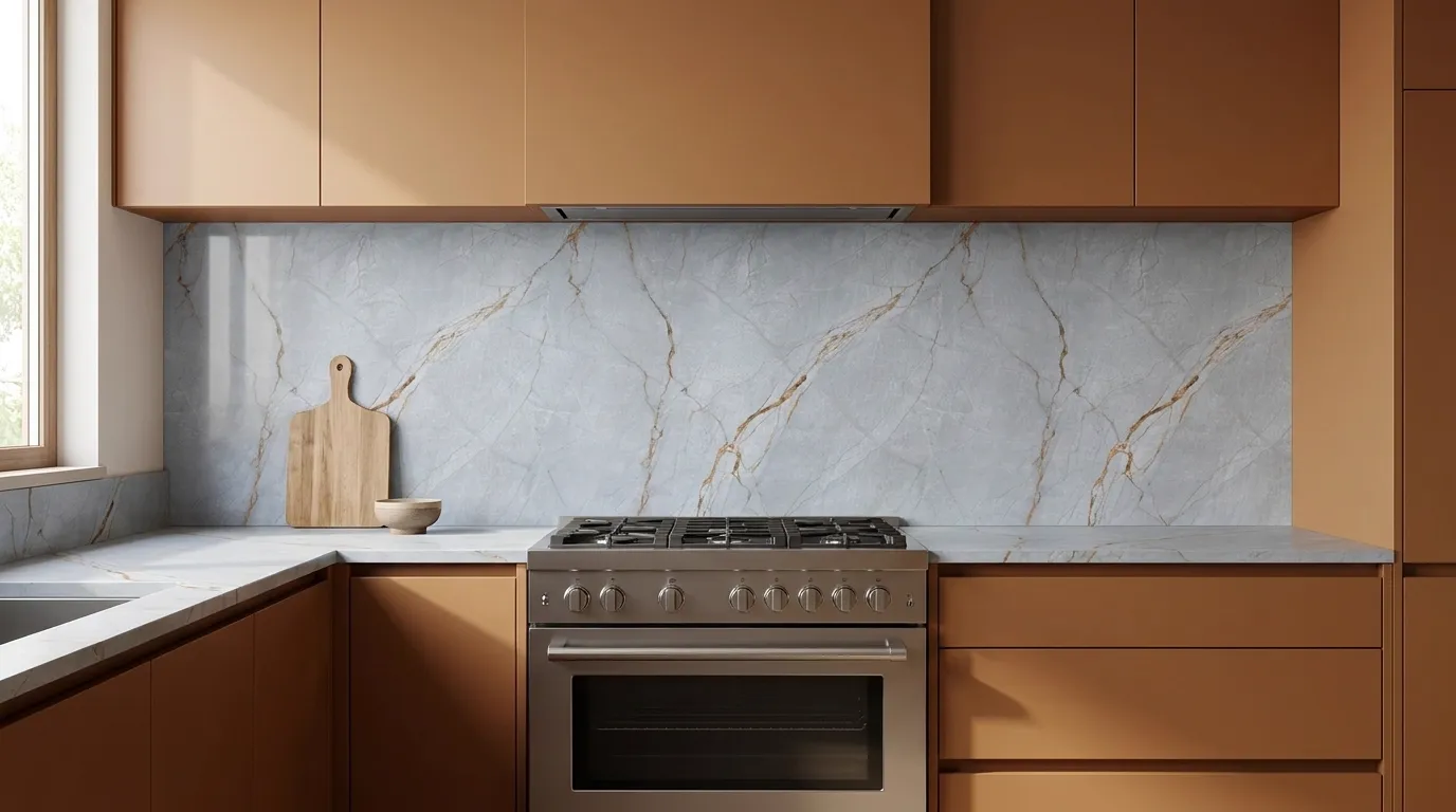 Blue Roma Porcelain Stone full-height kitchen backsplash and matching countertop