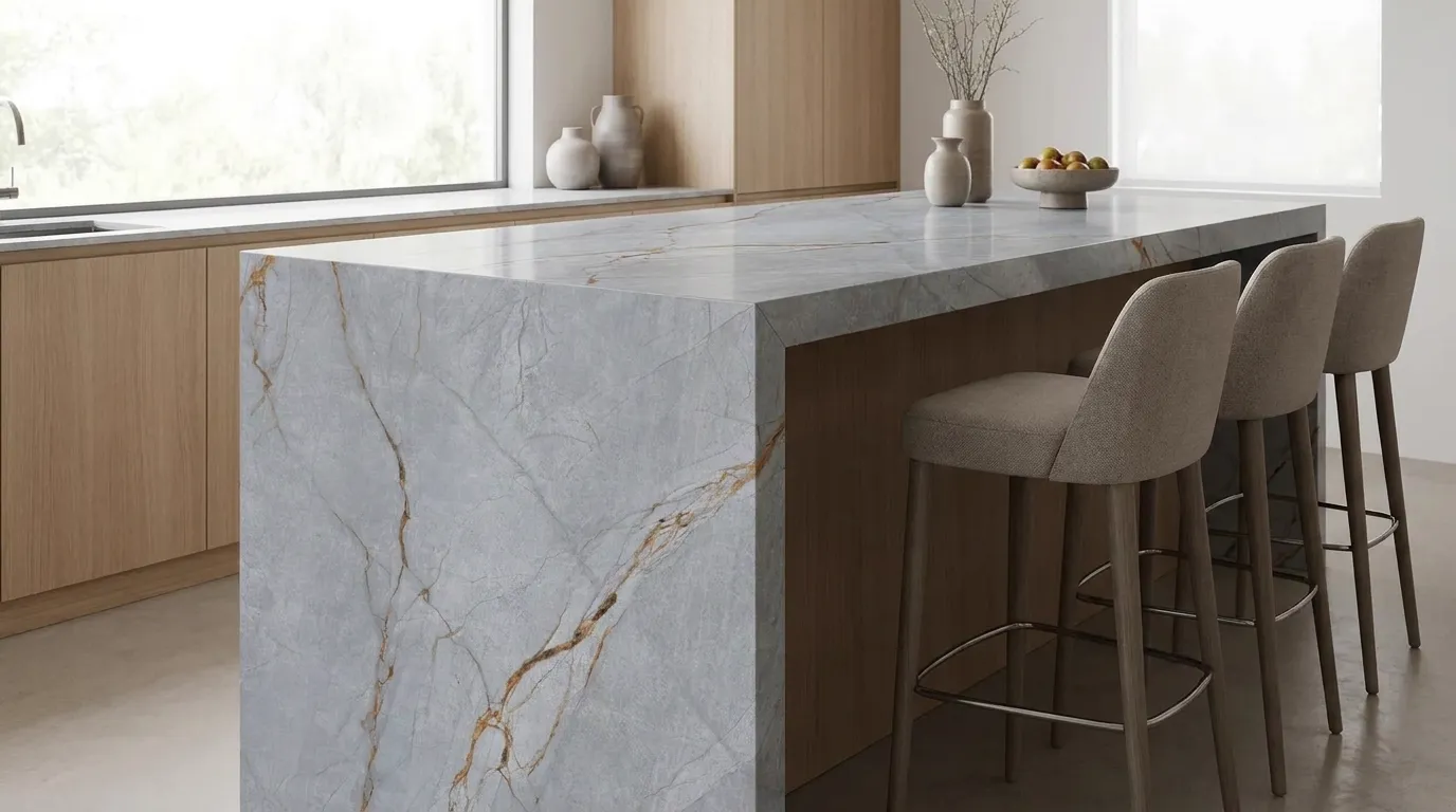 Blue Roma Porcelain Stone waterfall-edge kitchen island with continuous veining