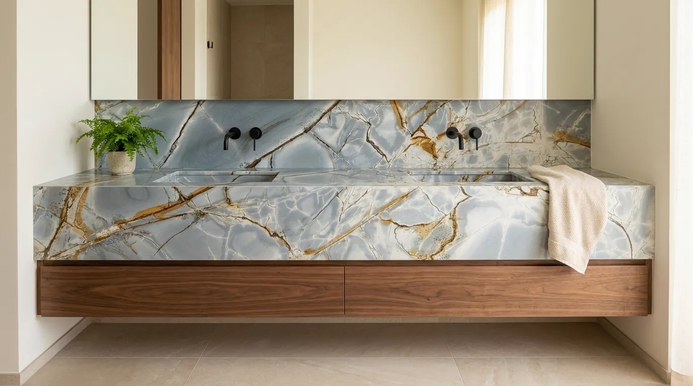 Blue Roma Quartzite double vanity countertop and backsplash in a modern bathroom