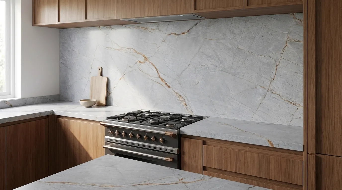 Blue Roma Quartzite full-height kitchen backsplash and matching countertop