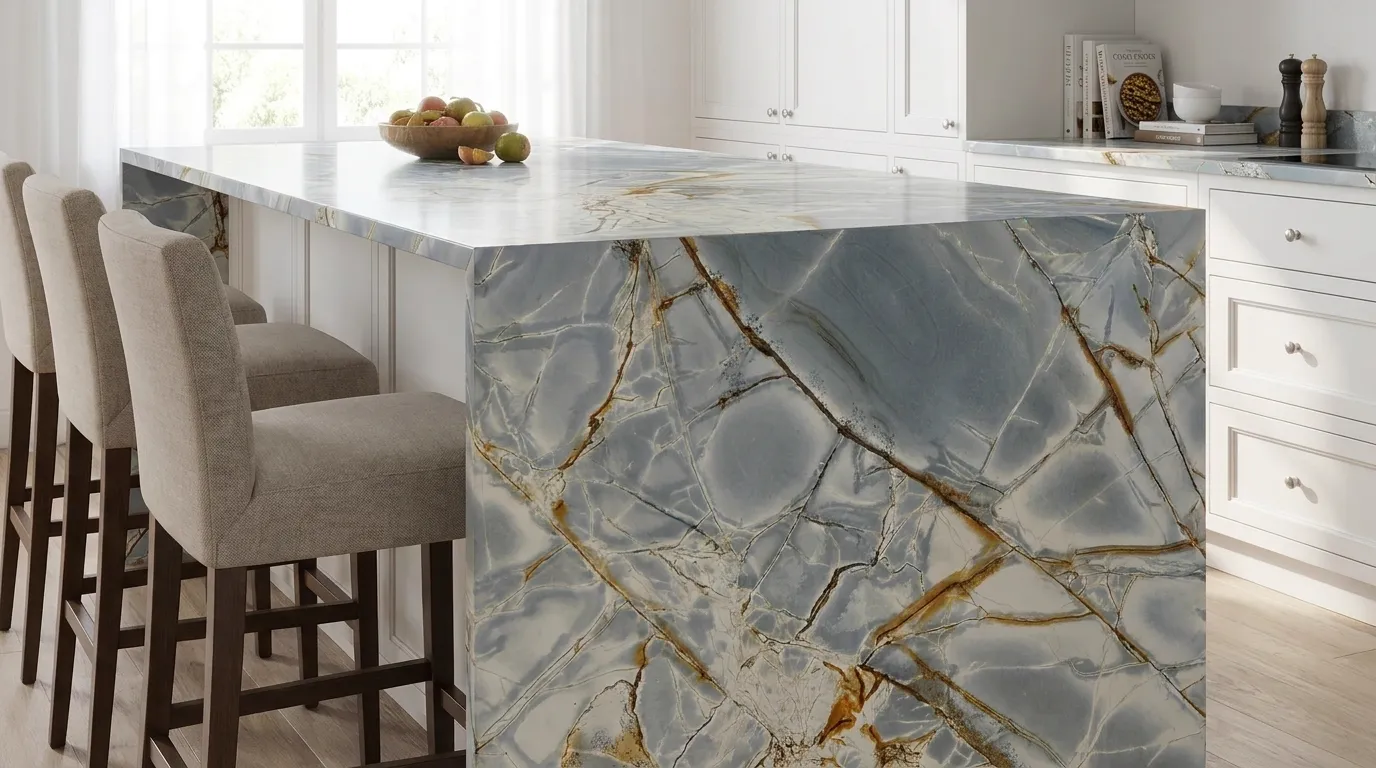Blue Roma Quartzite waterfall-edge kitchen island with continuous veining