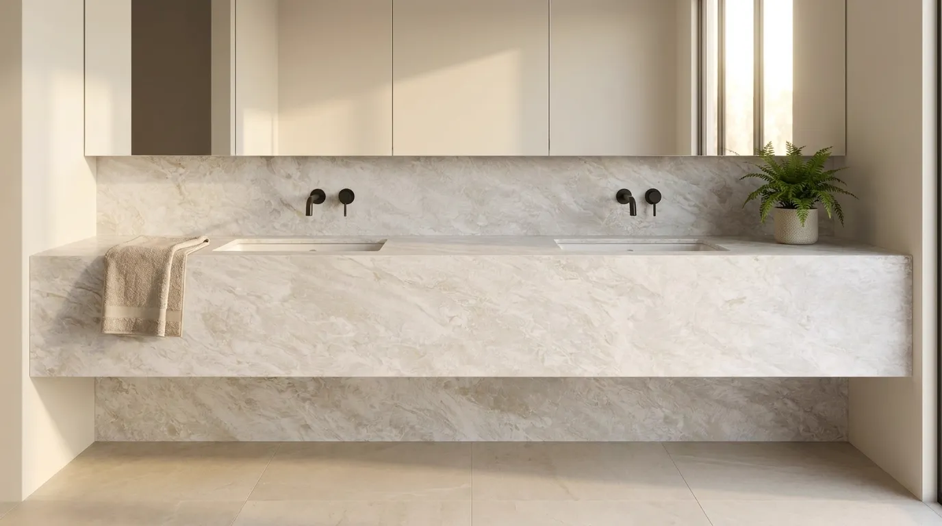 Breccia Bianca double vanity countertop and backsplash in a modern bathroom