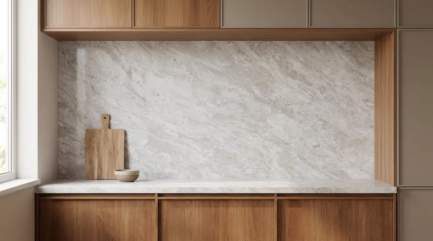 Breccia Bianca full-height kitchen backsplash and matching countertop