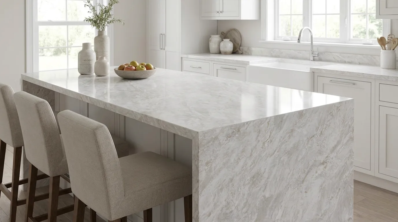 Breccia Bianca waterfall-edge kitchen island with continuous veining