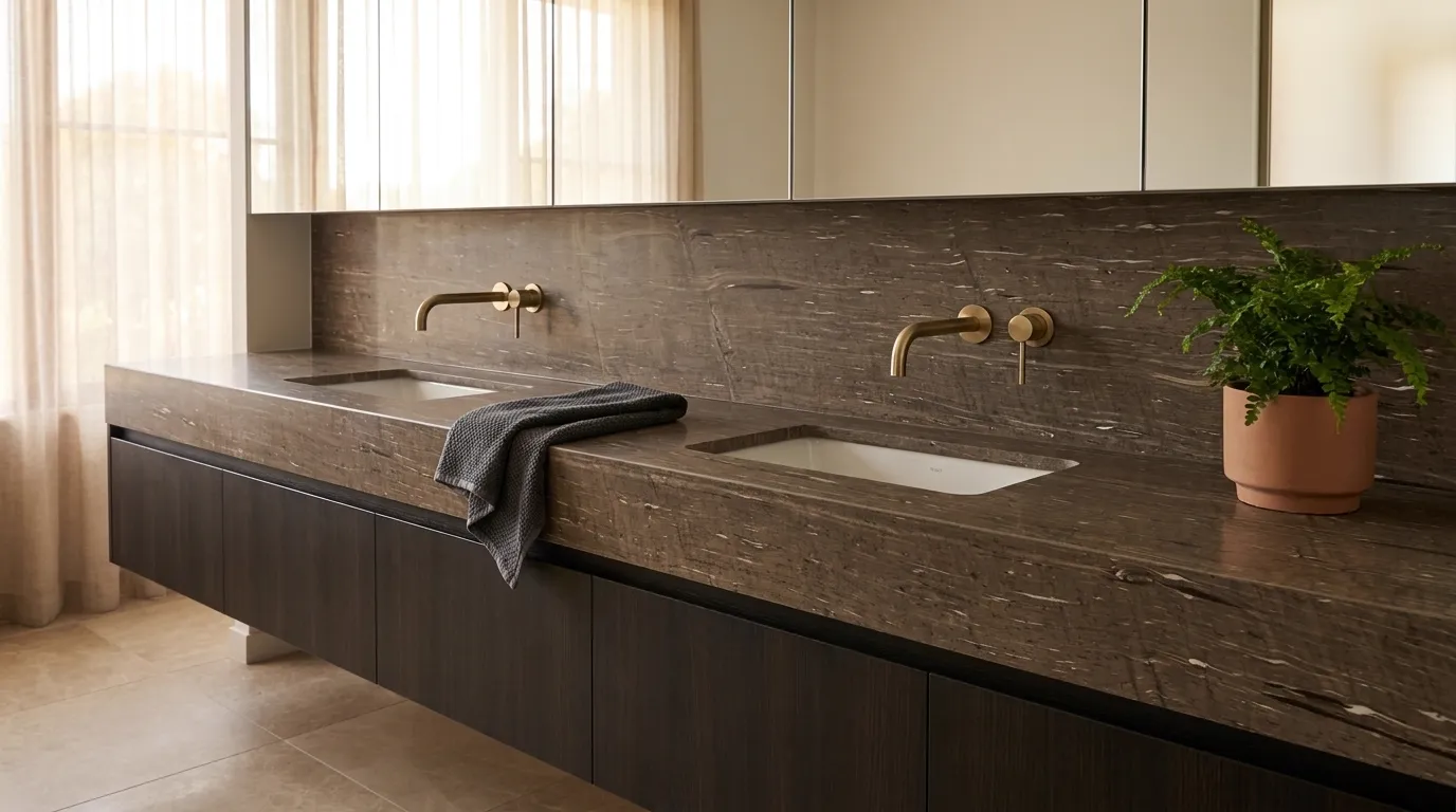 Brown Silk double vanity countertop and backsplash in a modern bathroom
