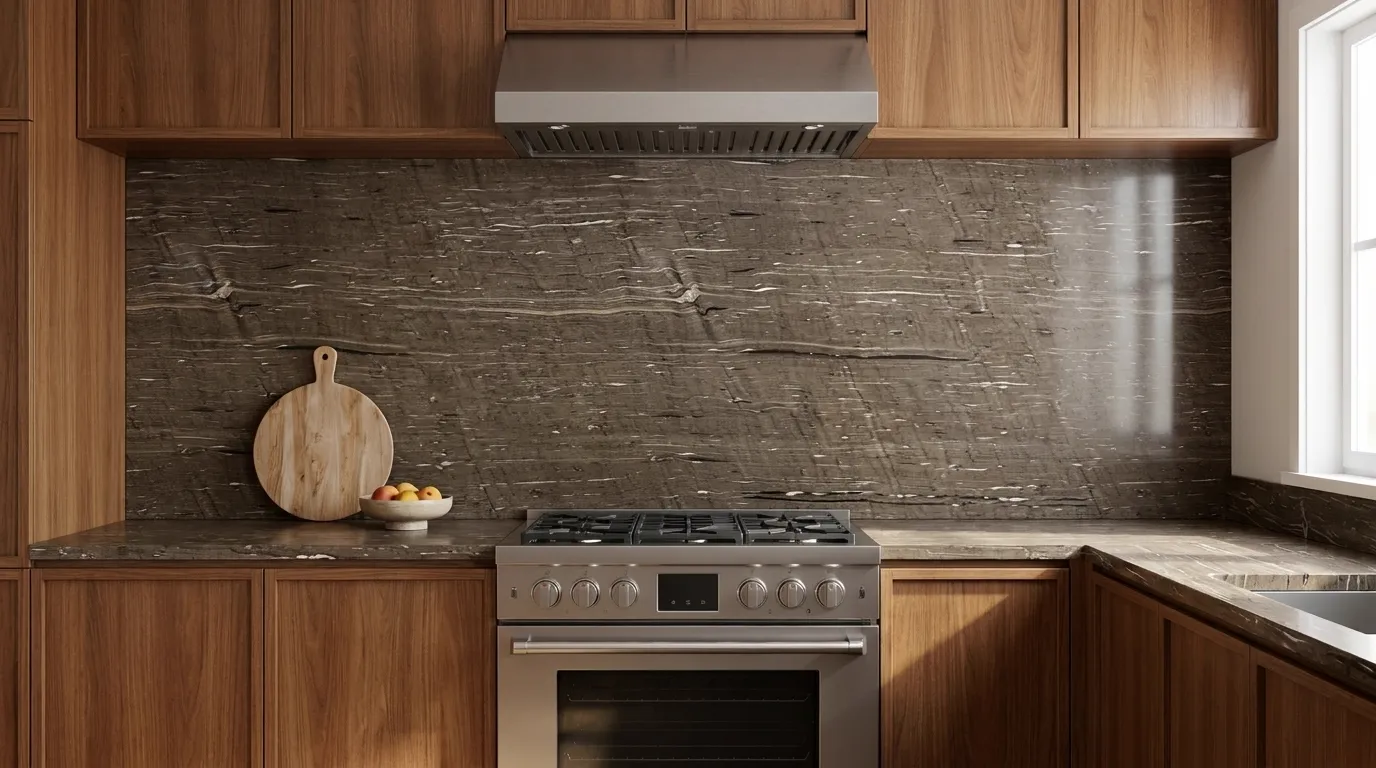 Brown Silk full-height kitchen backsplash and matching countertop