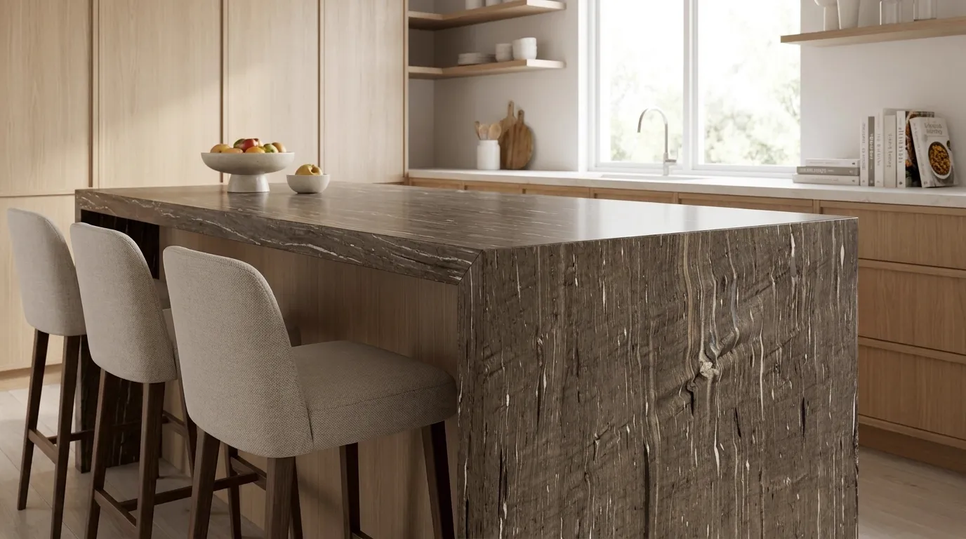 Brown Silk waterfall-edge kitchen island with continuous veining
