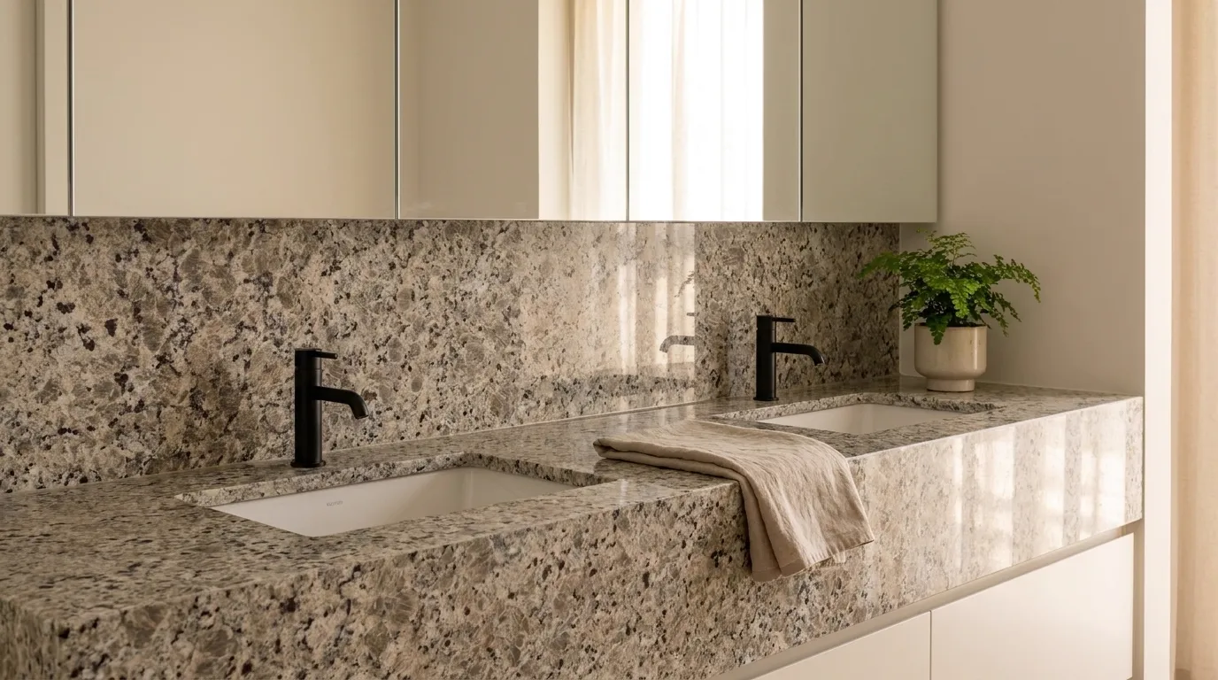 Butterfly Beige double vanity countertop and backsplash in a modern bathroom