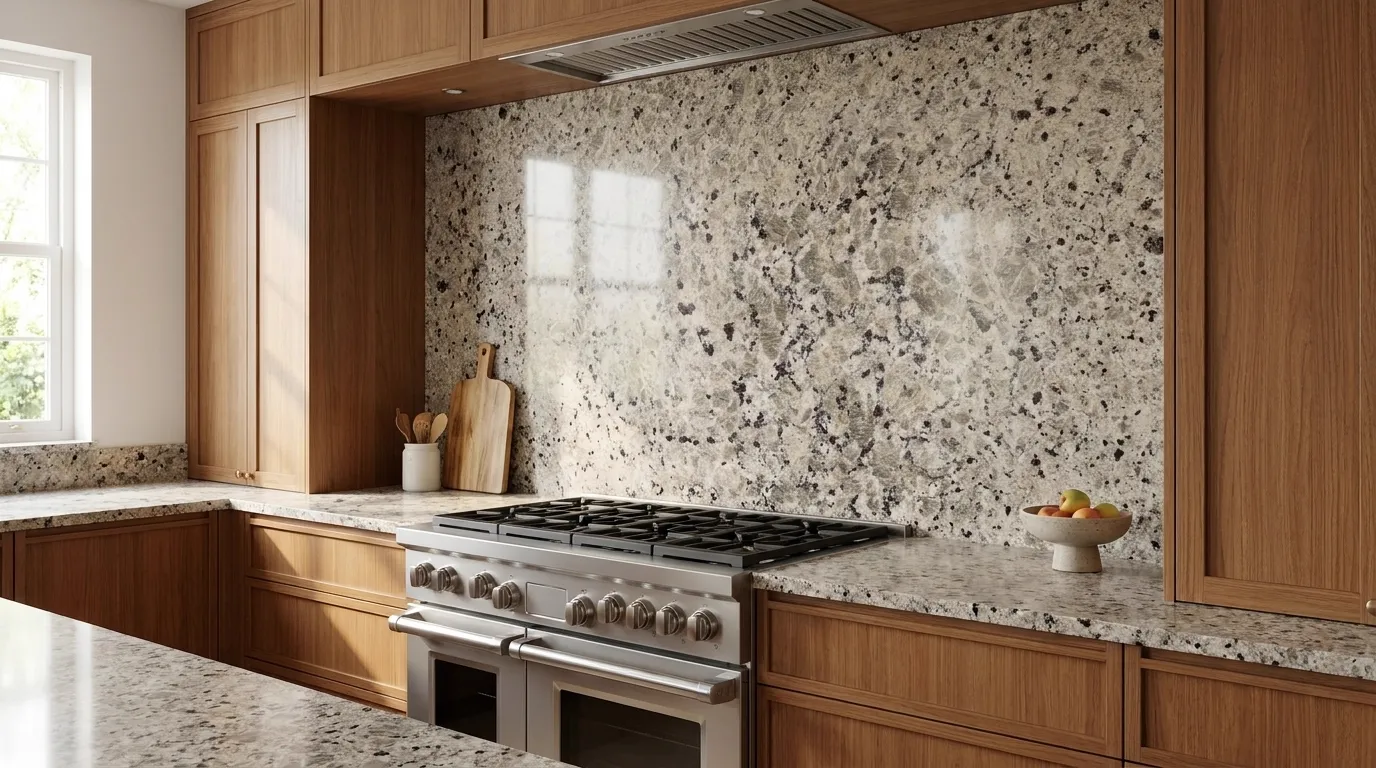 Butterfly Beige full-height kitchen backsplash and matching countertop
