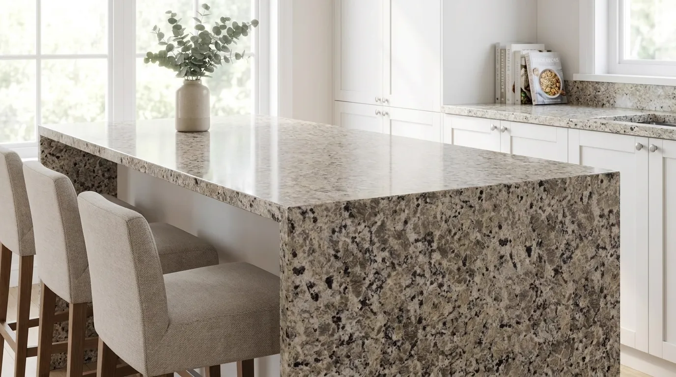 Butterfly Beige waterfall-edge kitchen island with continuous veining