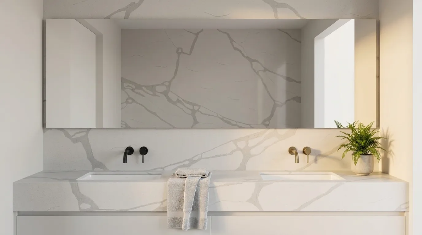 Calacatta Apex double vanity countertop and backsplash in a modern bathroom