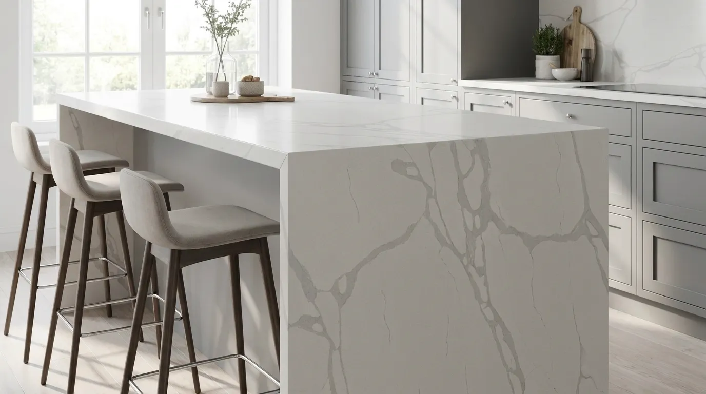 Calacatta Apex waterfall-edge kitchen island with continuous veining