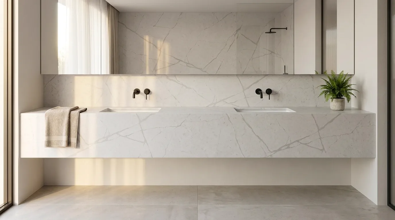 Calacatta Atlas double vanity countertop and backsplash in a modern bathroom