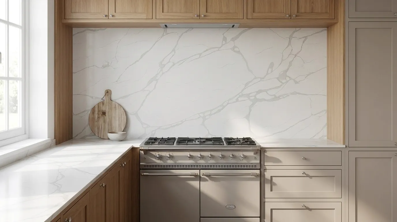 Calacatta Atlas full-height kitchen backsplash and matching countertop