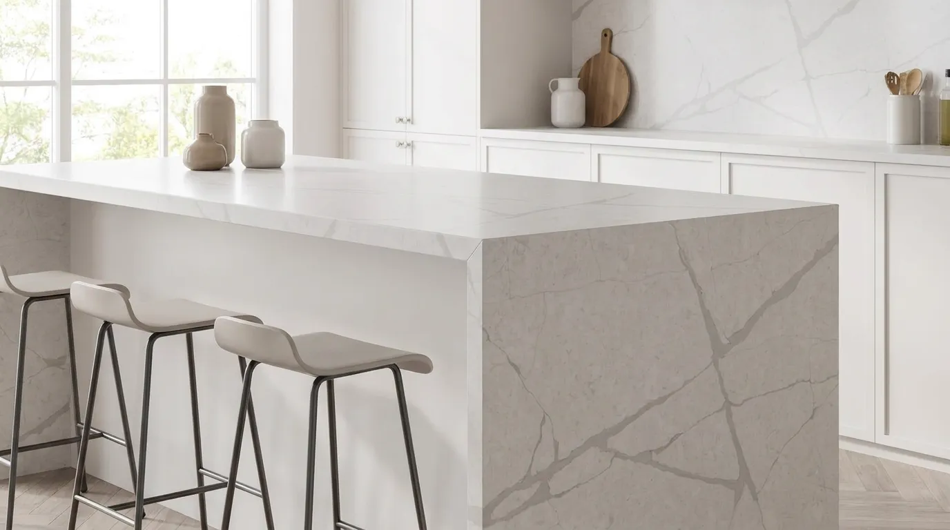 Calacatta Atlas waterfall-edge kitchen island with continuous veining