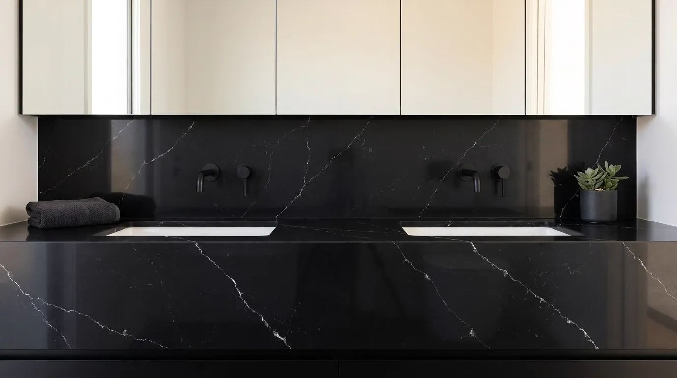 Calacatta Black Diamond Quartz Stone double vanity countertop and backsplash in a modern bathroom