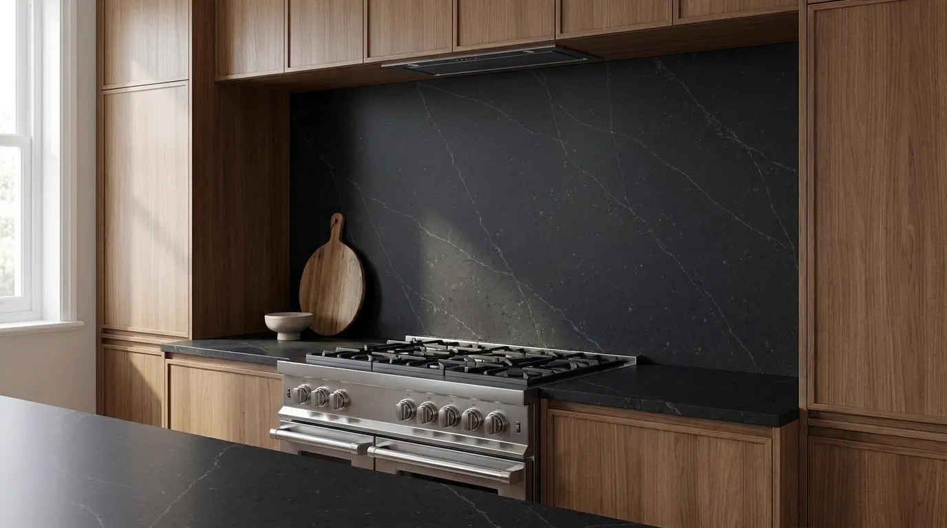Calacatta Black Diamond Quartz Stone full-height kitchen backsplash and matching countertop