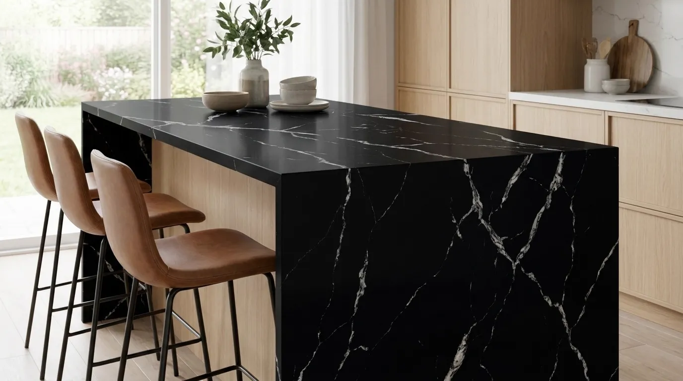Calacatta Black Diamond Quartz Stone waterfall-edge kitchen island with continuous veining