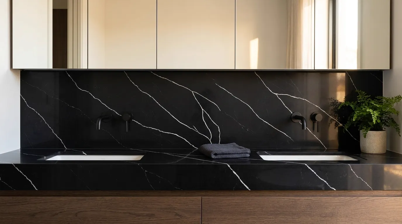 Calacatta Black Sea Quartz Stone double vanity countertop and backsplash in a modern bathroom
