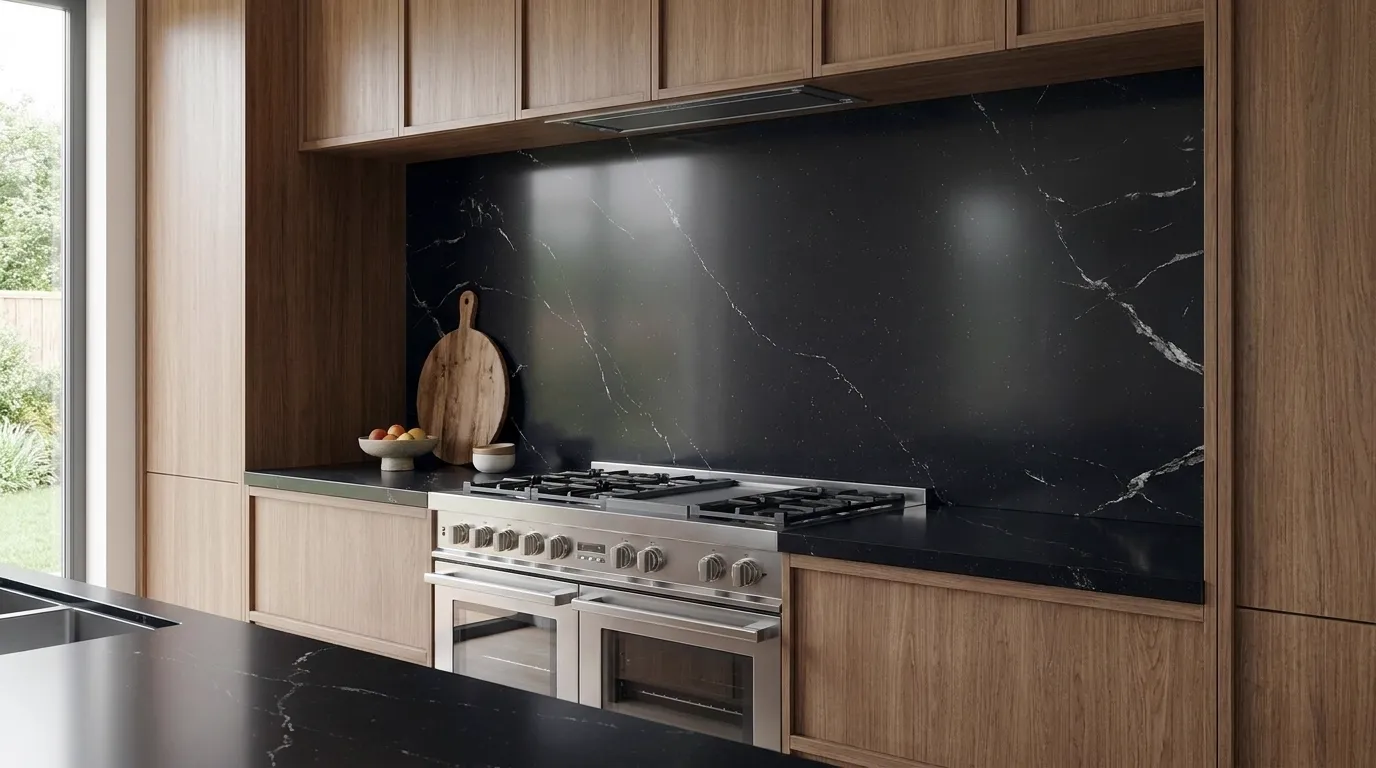 Calacatta Black Sea Quartz Stone full-height kitchen backsplash and matching countertop