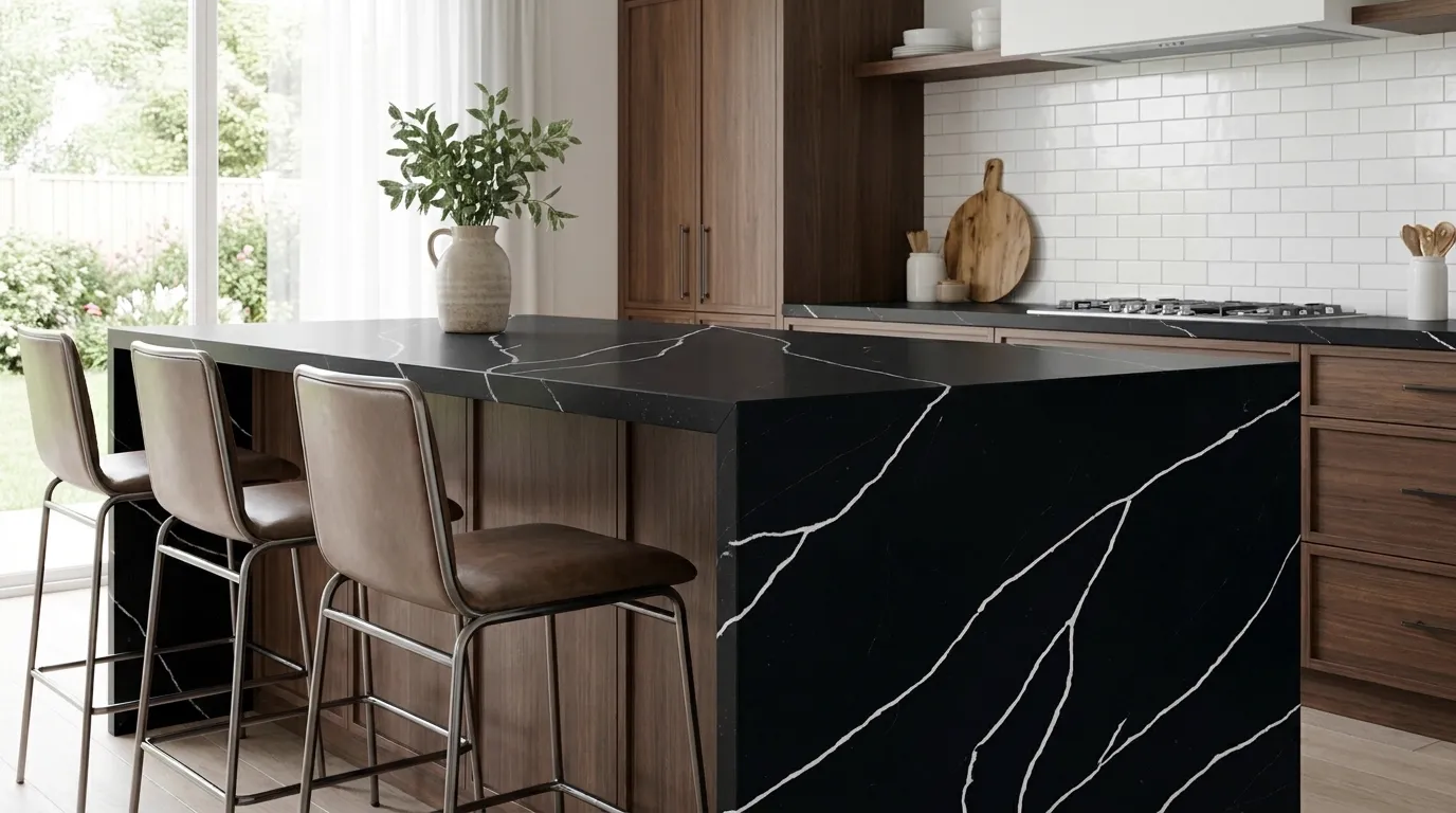 Calacatta Black Sea Quartz Stone waterfall-edge kitchen island with continuous veining