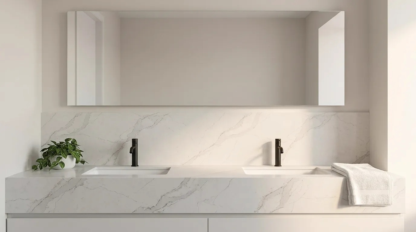 Calacatta Borghini 2 Quartz Stone double vanity countertop and backsplash in a modern bathroom