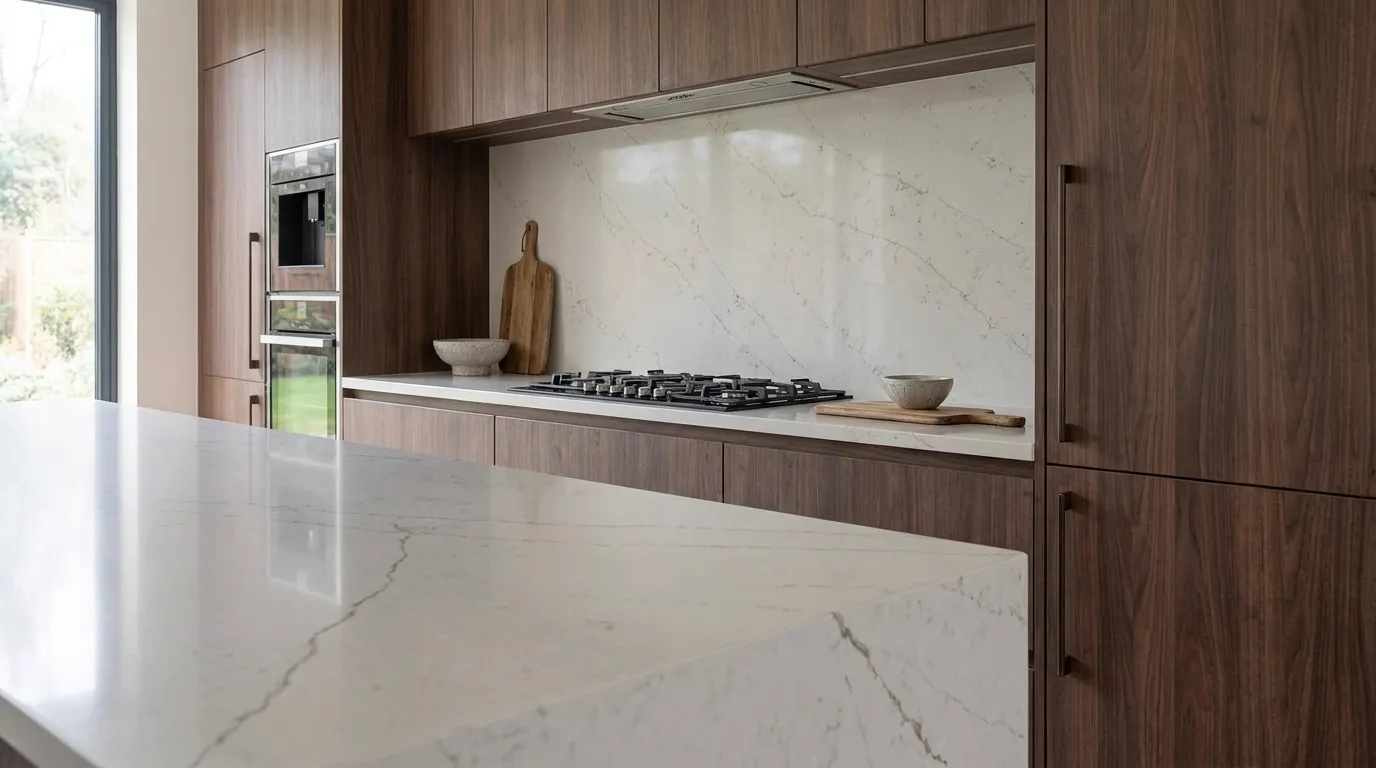 Calacatta Borghini 2 Quartz Stone full-height kitchen backsplash and matching countertop