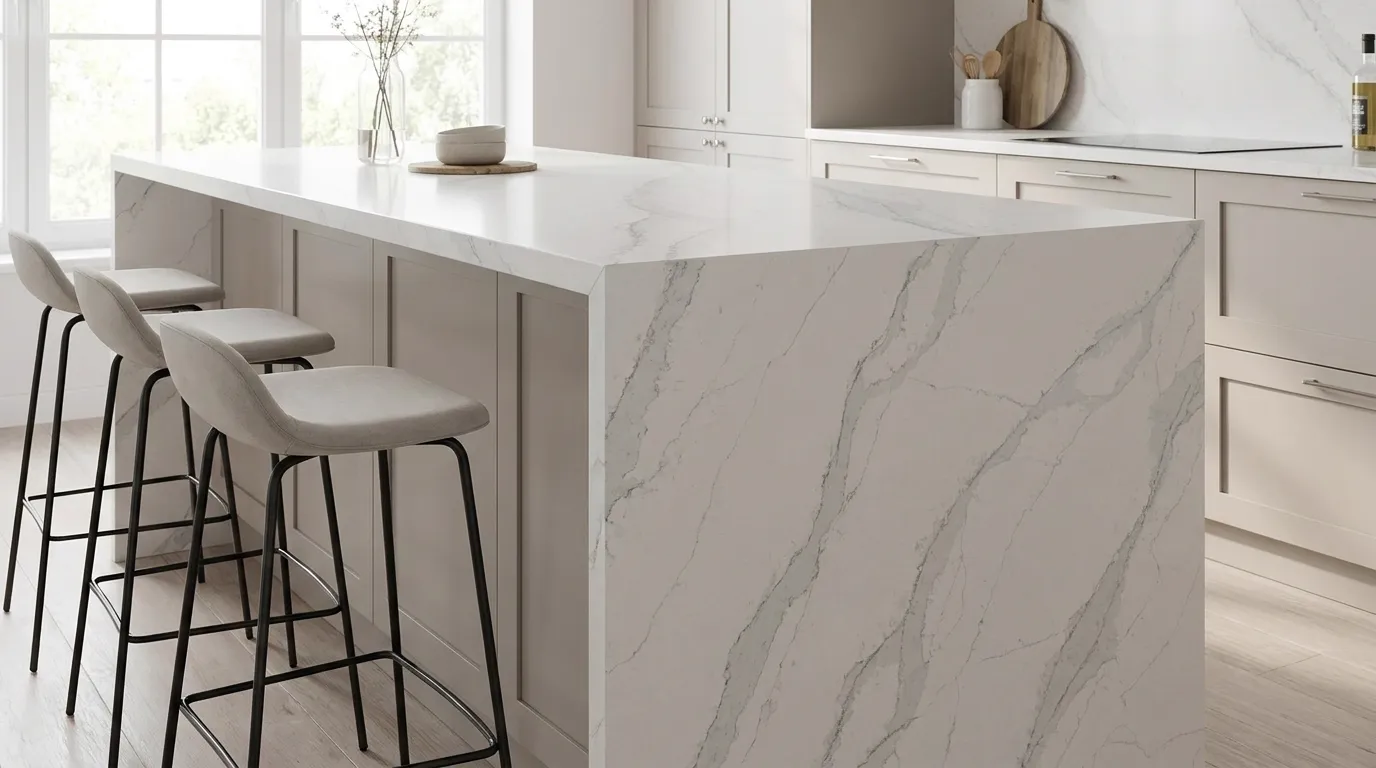 Calacatta Borghini 2 Quartz Stone waterfall-edge kitchen island with continuous veining