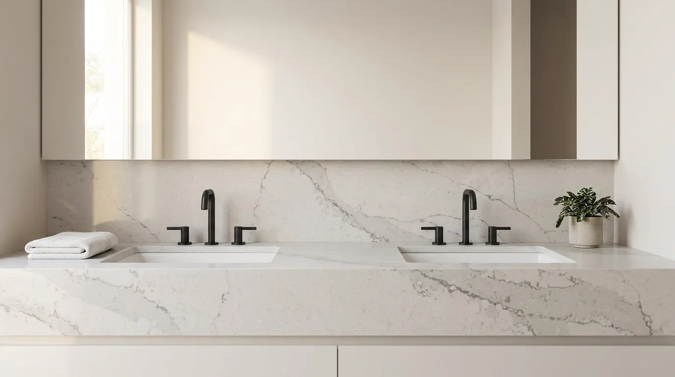 Calacatta Borghini double vanity countertop and backsplash in a modern bathroom