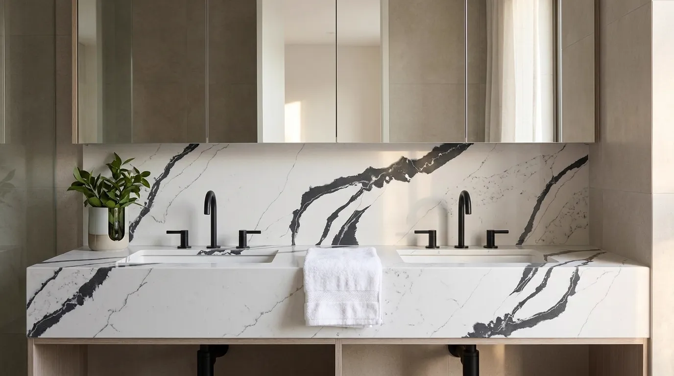 Calacatta Borghini Black Quartz Stone double vanity countertop and backsplash in a modern bathroom