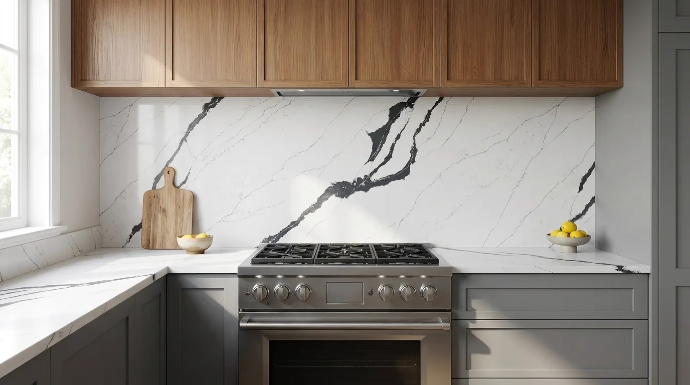 Calacatta Borghini Black Quartz Stone full-height kitchen backsplash and matching countertop
