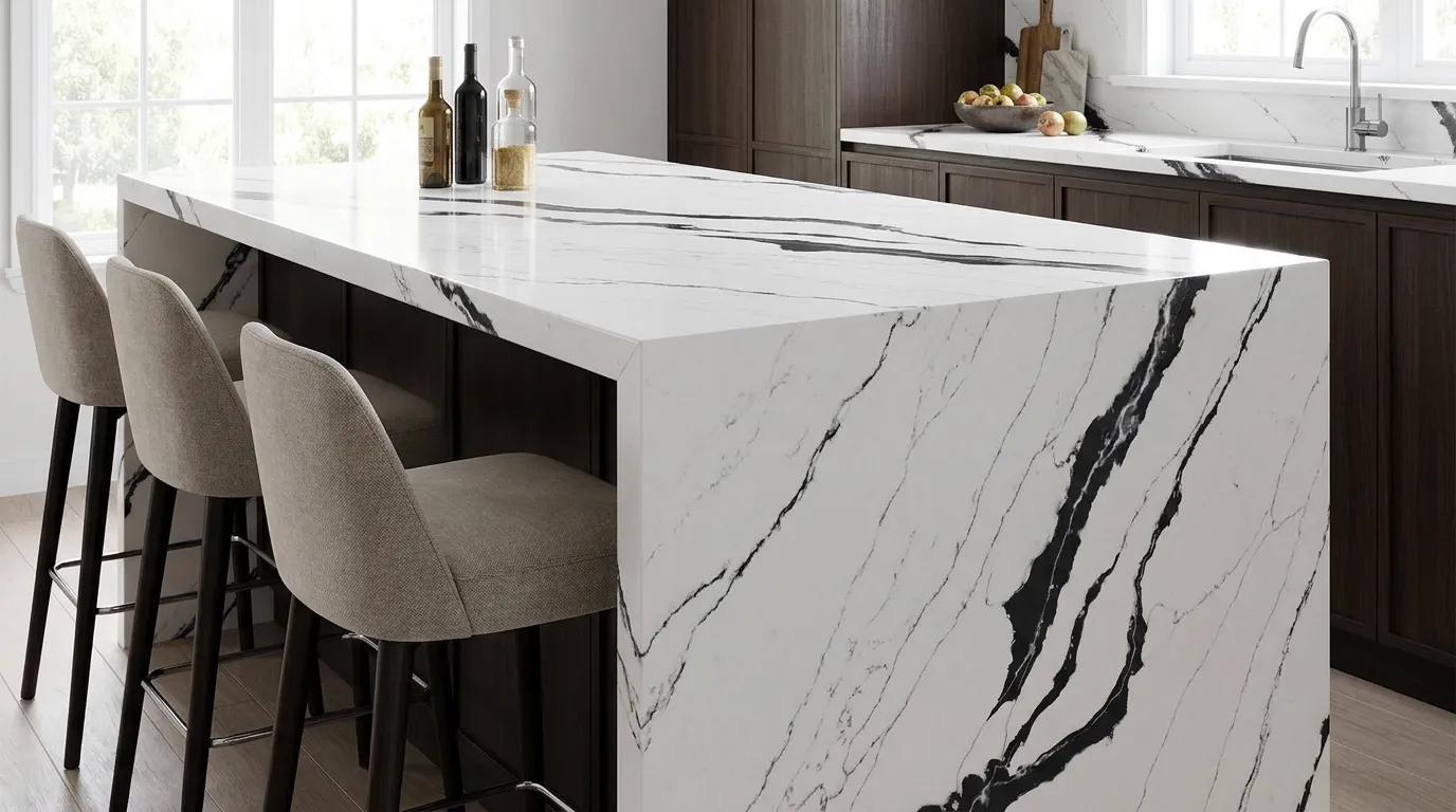 Calacatta Borghini Black Quartz Stone waterfall-edge kitchen island with continuous veining