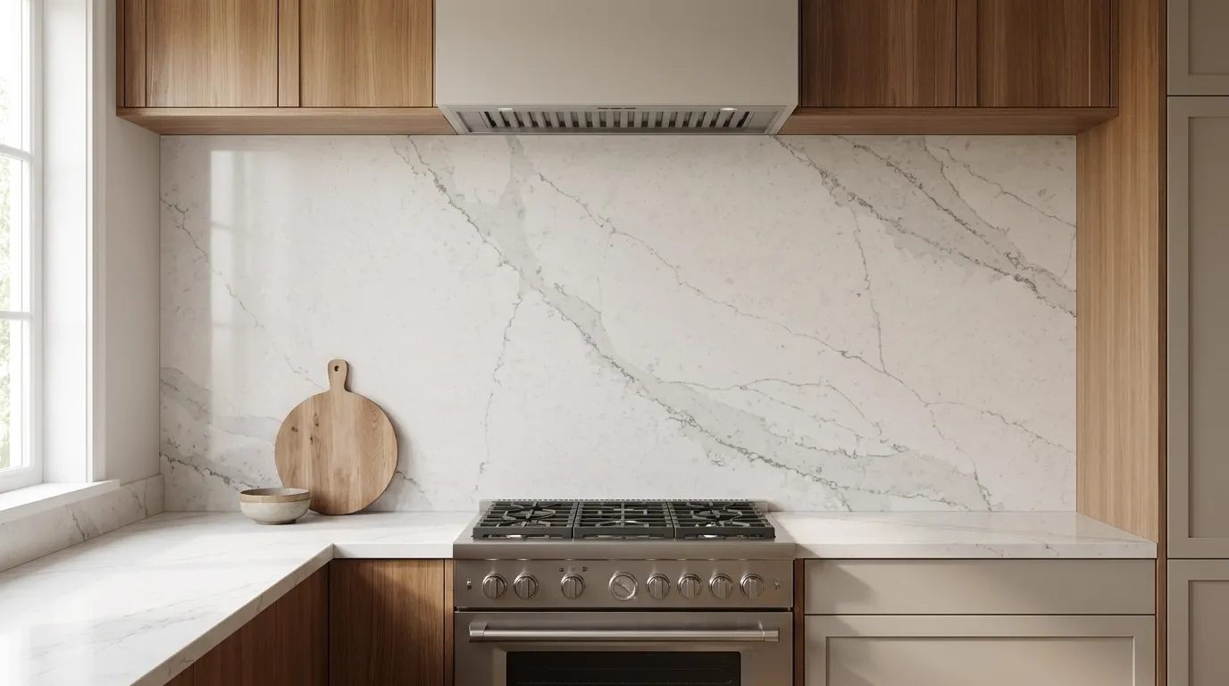 Calacatta Borghini full-height kitchen backsplash and matching countertop