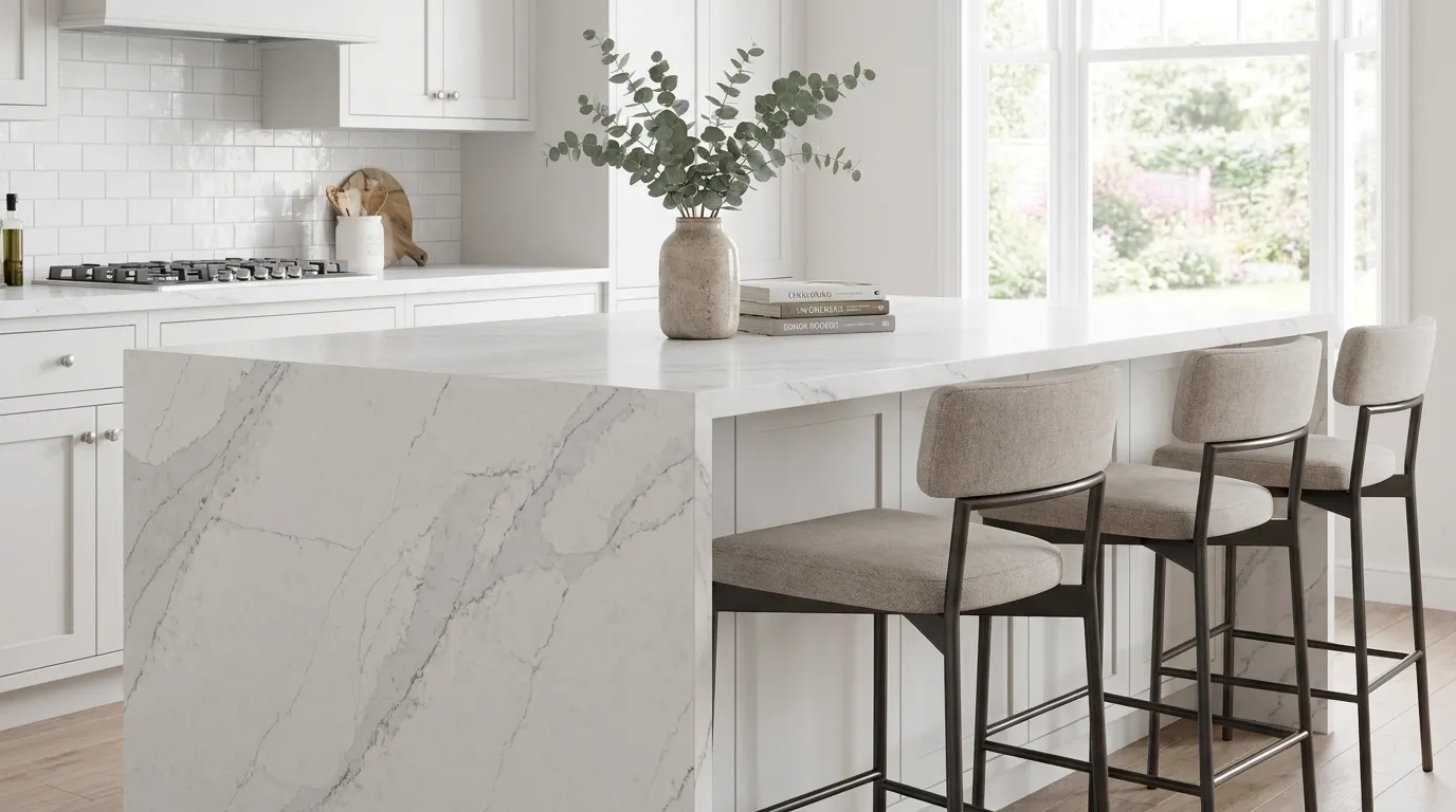 Calacatta Borghini waterfall-edge kitchen island with continuous veining