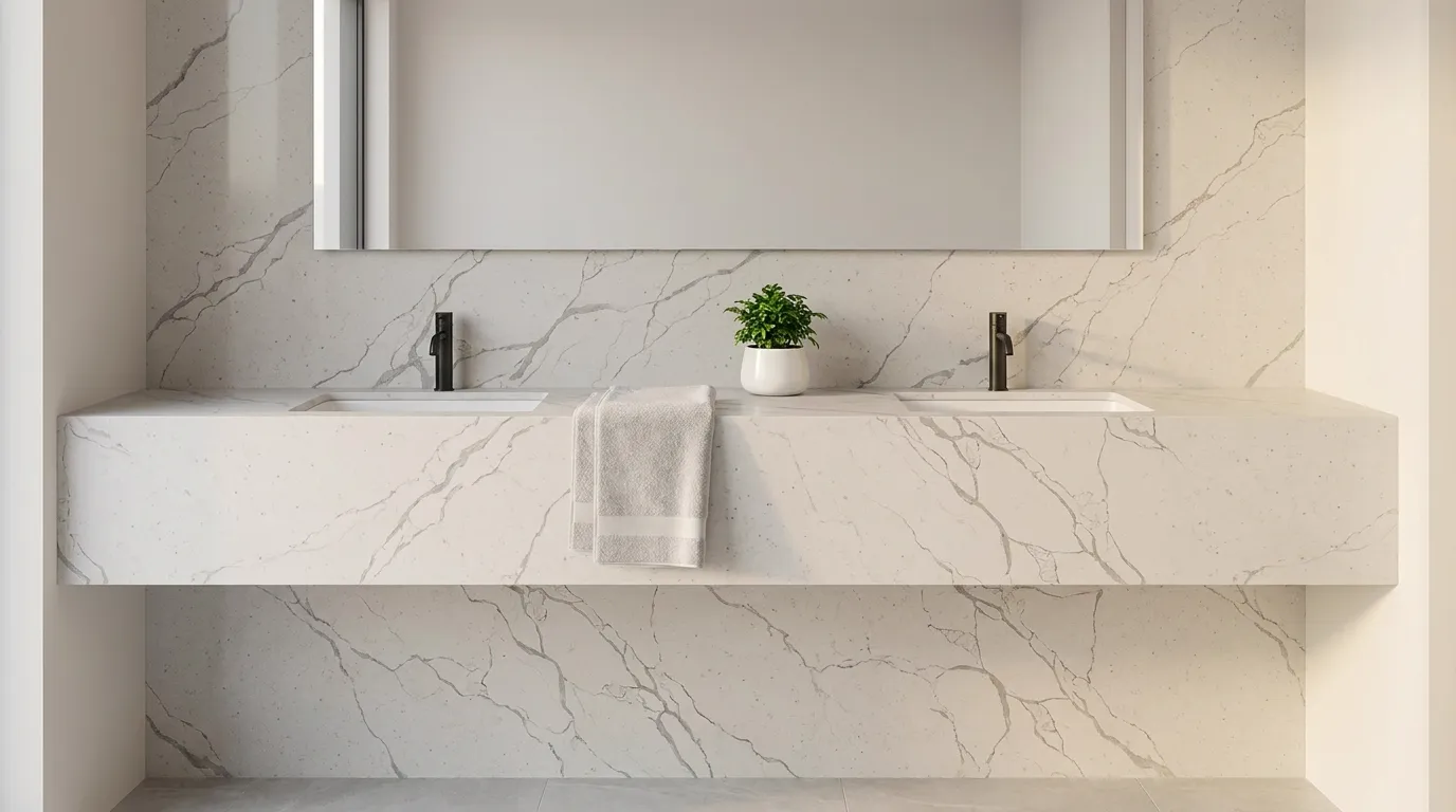 Calacatta Cascade double vanity countertop and backsplash in a modern bathroom