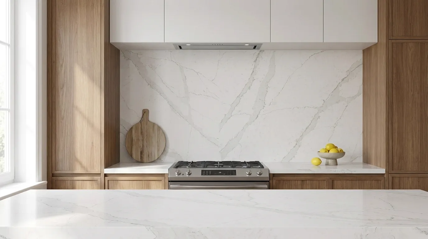 Calacatta Cascade full-height kitchen backsplash and matching countertop