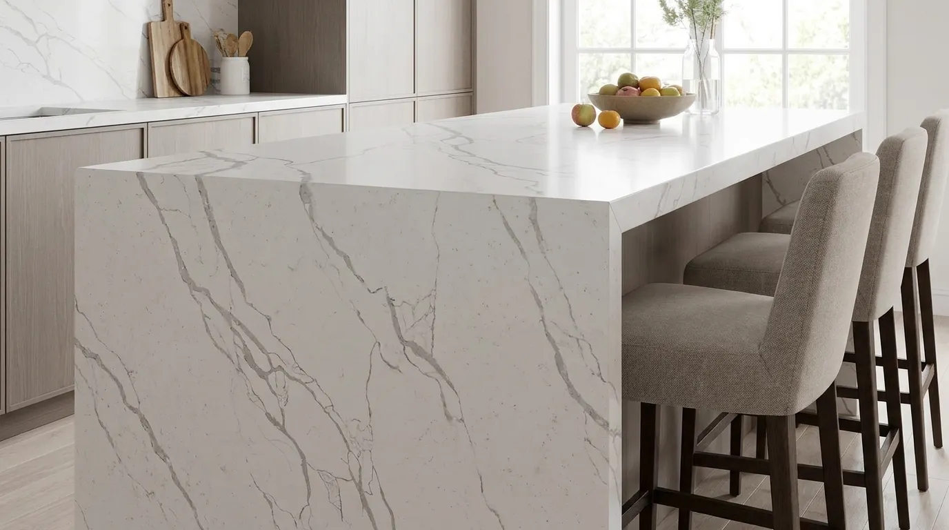 Calacatta Cascade waterfall-edge kitchen island with continuous veining